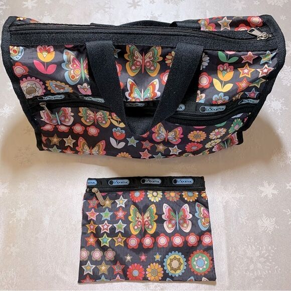 Large Lesportsac Tote Shopper & Makeup Bag Butterfly & Floral Zip Closure - Picture 6 of 6